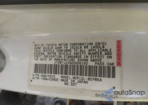 2002 Toyota Echo z USA, uszkodzony, nr VIN JTDBT123920206160